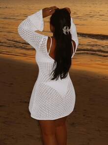女士加大码长袖镂空钩编泳衣罩衫，优雅波西米亚海滩度假风，珍珠纽扣性感V领白色迷你连衣裙，夏季度假 - 白色 - 查看 4