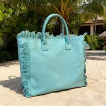 New Spacious Shoulder Bag, Handcrafted With Fringe And Denim Print, Ideal For Beach Trips, Commuting To Work And Everyday Use. - Mint Green - View 10