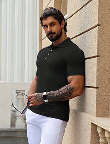 URRU Men's Muscle T Shirts Stretch Short Sleeve Workout Tee Casual Slim Fit Polo Shirt - màu đen - Xem 3