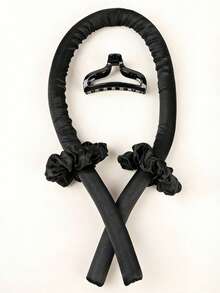 缎面丝绸免加热卷发棒发箍 - 无需加热的卷发器，带爪夹，适合长发，可打造柔和卷发和波浪，不伤发质，适合夜间睡眠造型 - 黑色 - 查看 3