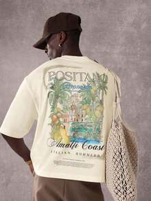 SUMWON Summer Club Positano Amalfi Italian Inspired Graphic Tee Vacation Resort Beach Travel Casual Oversized Cotton-Shirt Summer Holiday Leisure WearMinimalist Style  Sweatshirt - 黃色 - 查看 1