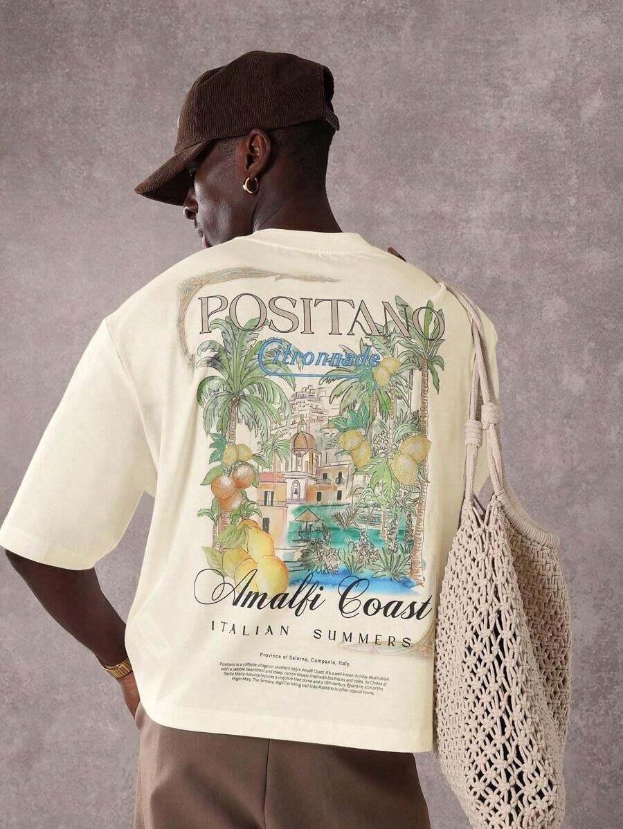 SUMWON Summer Club Positano Amalfi Italian Inspired Graphic Tee Vacation Resort Beach Travel Casual Oversized Cotton-Shirt Summer Holiday Leisure WearMinimalist Style  Sweatshirt - 黃色 - 查看 1