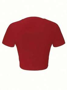 Hot Hour  New Crop Top With Round Neck And Short Sleeves Dominican Republic Letter Print Women's Casual Simple Fitted Short Crop Top - 魔力紅2 - 查看 2