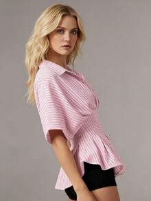 Women's Striped Peplum Blouse Button Down Collared Short Puff Sleeve Cinched Waist Shirt For Casual - 粉色 - 查看 5
