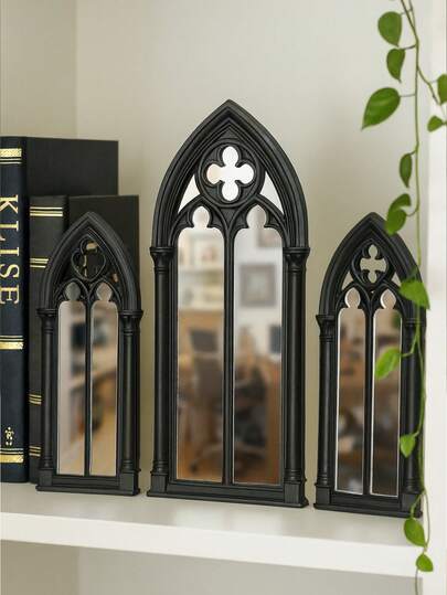 3pcs Gothic Cathedral Window Pattern Decorative Bookends, Vintage Dark Academia Style Bookshelf Organizer With Medieval Arched Hollow Carved Details, Functional Book Stand For Living Room, Bedroom, Office, Library, Apartment, Dorm, Halloween Home Decor Gift
