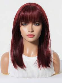 18 Inch Dark Red Straight Bob Wig With Bangs For Women, Heat Resistant Synthetic Wig For Daily & Party Wear - 酒紅色 - 查看 3
