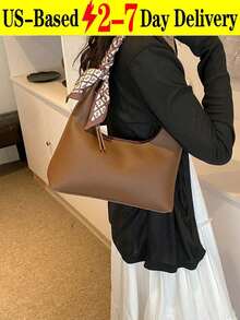 [Delivery Within 2-7 Days In The United States] Textured Brown PU Leather Hobo Bag With Scarf Decor Handle Zipper Versatile Shoulder Handbag For Women Casual Daily Commuter Fashion Purse - Brown - View 3