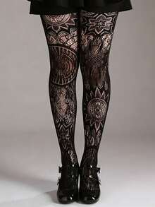 Retro Tattoo Sexy Black Hollow Pattern Jacquard Stirrup Tights, Fishnet Pantyhose For Women - Black - View 6