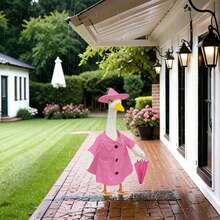 23-Inch Outdoor Garden Lawn Decoration, Spring/Summer Decor, Pink Raincoat Goose Sculpture Decoration Set - A - View 4