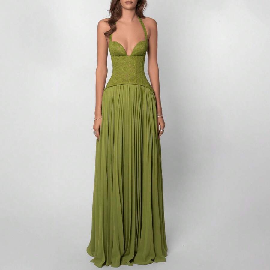 Sexy Neck Halter Low Neck Waist Pleated Suspender Dress - màu xanh lá - Xem 1