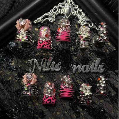 10pcs Handmade Fully Covered Short Duck Nails Acrylic Kit, Pink Nails, Pink French Nails, Hand-Painted Leopard Spots&Zebra Stripes, Paired With Transparent Base, 3D Flowers&Heart-Shaped Rhinestones&Silver Stars&Multiple Rhinestones And Other Nail Accessories, Silver&Pink Pentagram Sequins