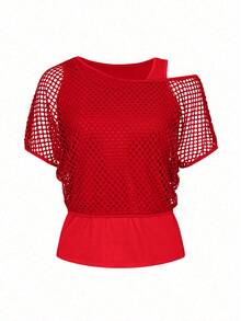 2pcs Women's Set: Neon Red Casual Fashionable Vacation Off-Shoulder Fishnet Cover-Up T-Shirt + Camisole, Spring/Summer - Red - View 6