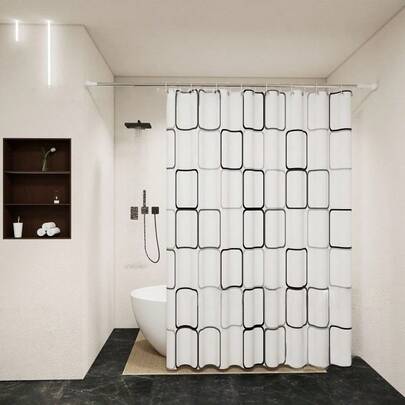 Large Checkered Pattern PEVA Shower Curtain, Semi-Transparent Black And Checkered Plastic Shower Curtain, Wet And Dry Separation Space Divider Curtain, Home Decoration Curtain, Available In Various Sizes, Comes With Plastic Shower Curtain Hooks