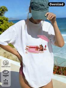 Buntes Dackel-Muster-Design Damen T-Shirt in Große Größen mit Rundhalsausschnitt und lockerer Passform, Urlaub Reise Strand, Geburtstagsparty - Weiss - Übersicht 4