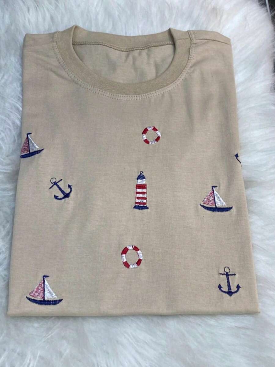 Women's Premium Nautical Embroidered T-Shirt, Chic Sailor Style, Elegant Summer - 米色 - 查看 1