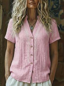 Women's Regular Length Pink V-Neck Button Front Regular Sleeve Blouse Summer - Pink - View 7