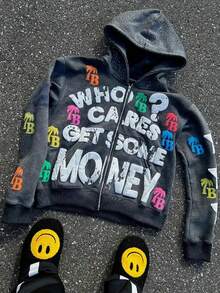 American Letter Foam Print Zipper Hoodie Men's Loose Sweatshirt Retro Street Hip-Hop With Colorful TB Logos For Unique Style - Grey - View 1