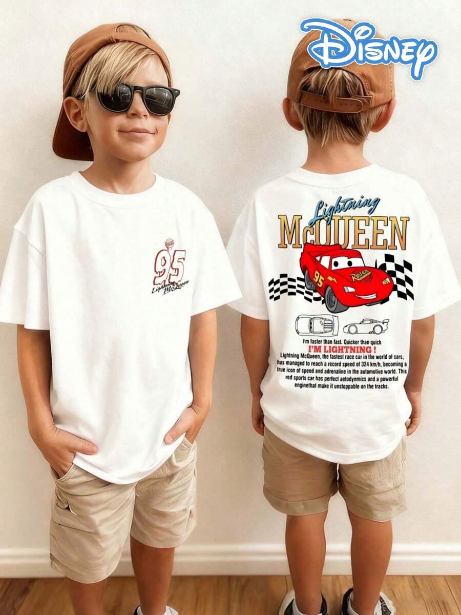 Disney Cars Lightning McQueen Kids' Tee, Double-Sided Print Cool Kids' Wear - 白色 - 查看 1