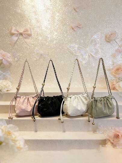1pc Fashionable And Sweet Chain Shoulder/Crossbody Bag, Stylish Pleated Underarm Bag, Korean Style Cute Handbag, Pu Pleated Design, High-End Solid Color Scheme, Suitable For Everyday Shopping, Attending Birthday Parties, Exquisite And Cute Chain Crossbody Bag, A Gift For Friends And Family.