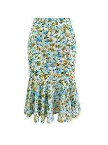 Plus Size Floral Print Bodycon Fishtail Mini Skirt, High Waist Design With Ruffle Hem, Elastic Waistband For Slimming Fit, Suitable For Spring And Summer Vacation - Green - View 2