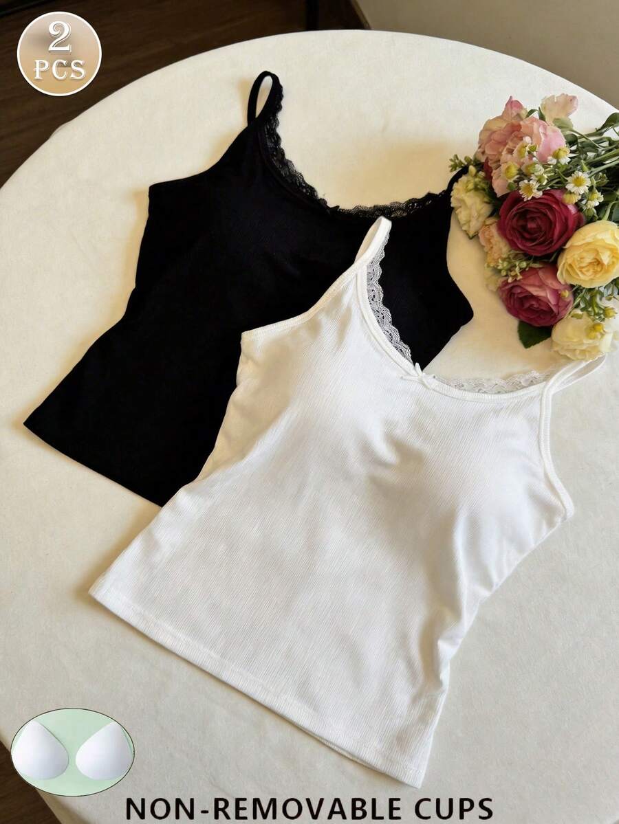 Bộ 2 chiếc áo hai dây ren tối giản thoải mái dành cho nữ, có nơ, kiểu dáng ngắn, thích hợp mặc mùa hè. - Nhiều màu - Xem 1