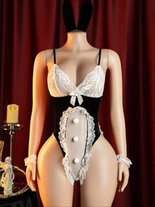 性感兔女郎连体衣套装，不含手镯、发带和丝袜 - 黑與白 - 查看 1