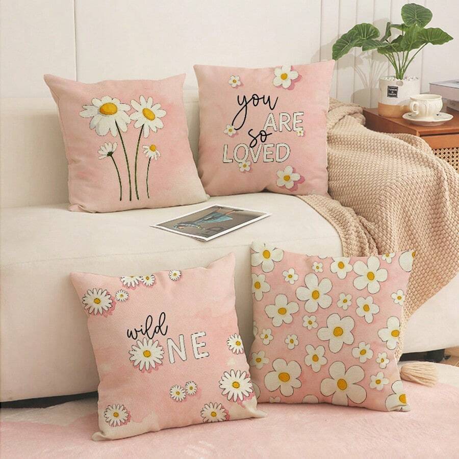 4 fundas de almohada de poliéster, fundas de almohada de poliéster con estampado floral de margaritas rosas, decoración de habitación, decoración de dormitorio, fundas de sofá y silla, 17.7*17.7 pulgadas/45X45cm, sin relleno de almohada - Multicolor - Ver 1