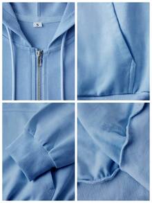 Sudadera con capucha con cremallera para hombres, de algodón puro y cómoda, de corte holgado, casual y versátil para uso diario/al aire libre/vacaciones, conjunto de 2 piezas en múltiples colores - Azul cielo + beige - Ver 6