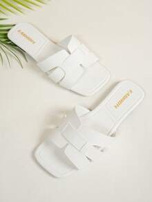 Women's Fashion Square Toe Flat Slippers, Versatile Ladies' Sandals For Spring And Summer - White - View 5