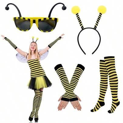 4pcs/Set Spring/Summer Women's Cute Striped Bee Themed Accessories, Including Striped Arm Sleeves, Stockings, Skirt, And Headband, A Lovely Casual Outfit Set