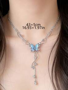 1件时尚优雅甜美蝴蝶水晶流苏吊坠项链，金属水钻银色吊坠项链，适合女性日常、派对、节日、约会佩戴，日常礼物，珠宝礼品 - 銀色 - 查看 2