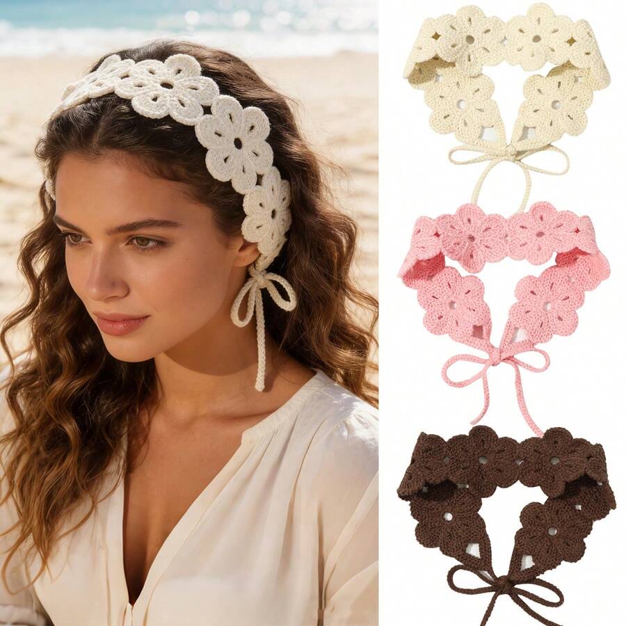 1pc Solid Color Crochet Flower Headband, Boho Solid Knitted Flower Headband, Women's Fashion Hair Band, Soft Polyester Hair Accessories, Women's Valentine's Day Headband, Gift For Girlfriend
