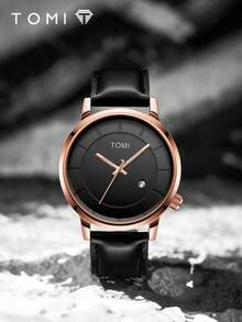 TOMI Men's Minimalist Business 4-Digit Date Leather Strap Watch - Black - View 1