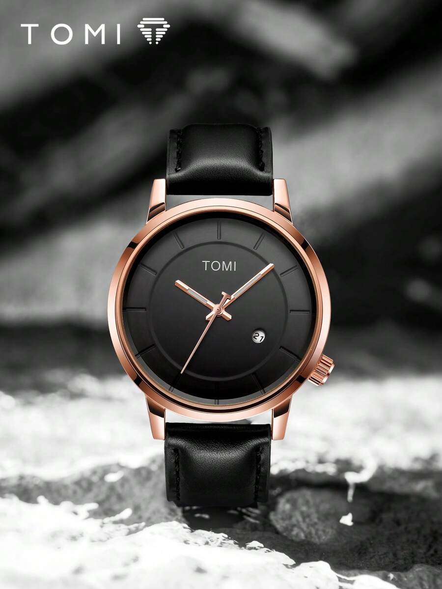 TOMI Men's Minimalist Business 4-Digit Date Leather Strap Watch - Black - View 1
