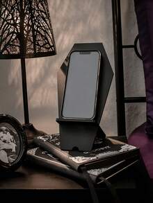 1pc Black Tombstone Phone Holder, Hollow Bottom Design Slouchy Stand - Black - View 3