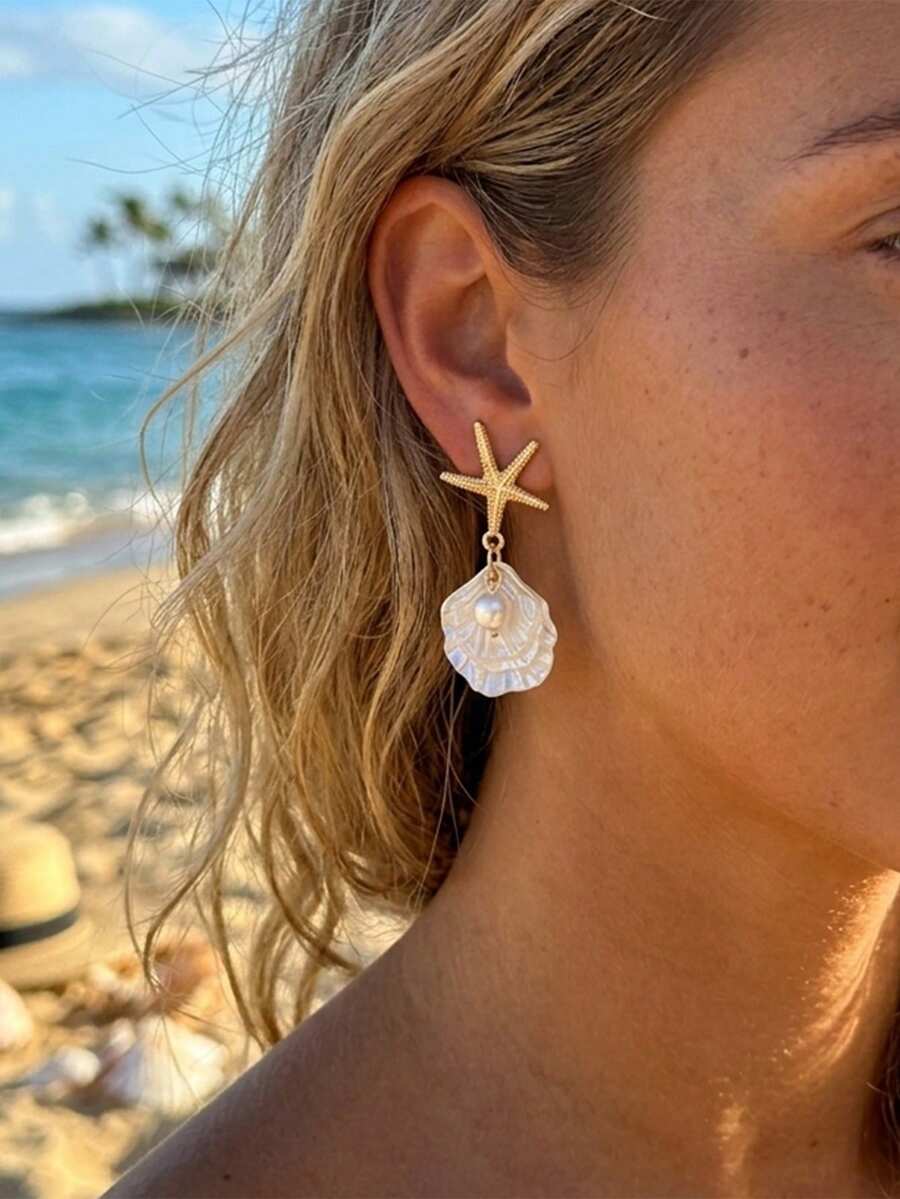 一对复古法式海星、珍珠和贝壳吊坠耳环，适合海滩、度假、日常休闲佩戴，波西米亚风格耳环