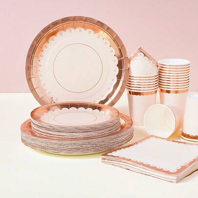 Bộ đồ dùng ăn uống dùng một lần màu vàng hồng họa tiết hoa, đĩa tiệc 7/9 inch, đĩa giấy dùng một lần, khăn ăn, cốc, thích hợp cho các dịp lễ, đám cưới, lễ đính hôn, sinh nhật, tiệc tùng, lễ kỷ niệm.