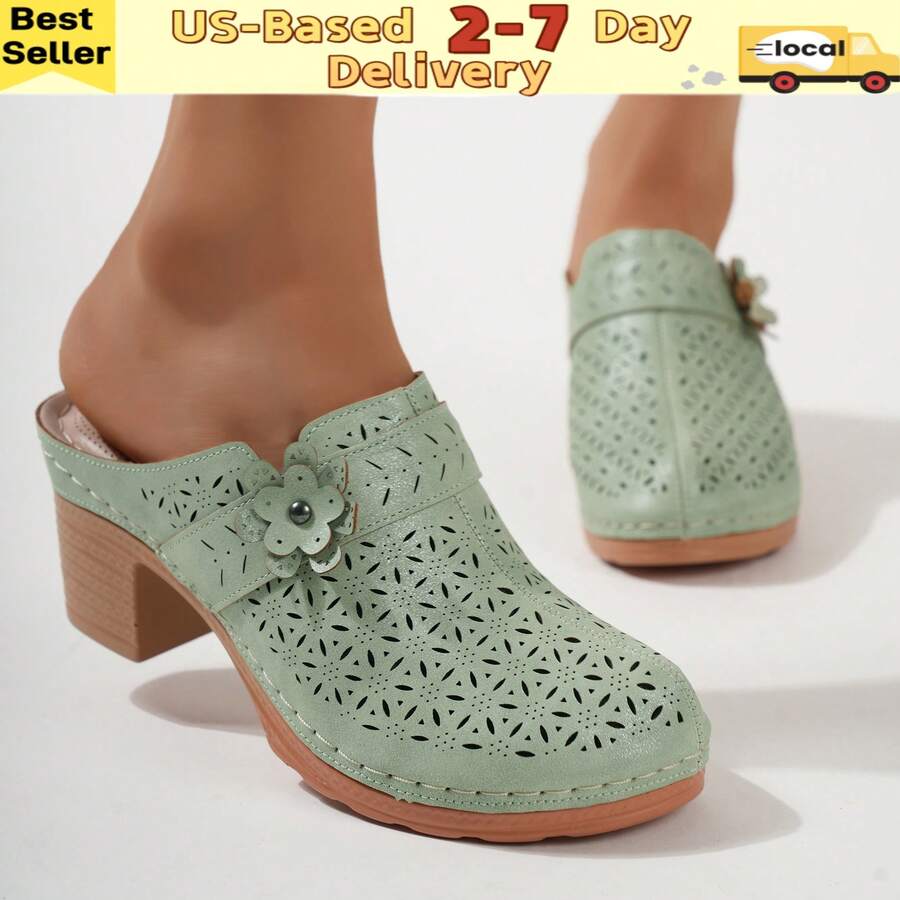 Ecetana Women's High-Heeled Mules, Platform Sandals For Women Comfortable Wedge Sandals, Hollow Out Design, Perforated Closed Toe Slip On Sandals. Perfect For Casual Green Outdoor Sandals, Women's Slide Sandals With Heel Cushion Dress Shoes Casual Summer.Women Slide Sandals With Heel For Beach, Pool, Garden - 綠色 - 查看 1