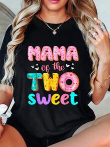 Camiseta de verano para niña con temática familiar de cumpleaños con donas dulces para el Día de la Madre, top informal de manga corta y cuello redondo para verano y primavera, ropa para mujer - Negro - Ver 1