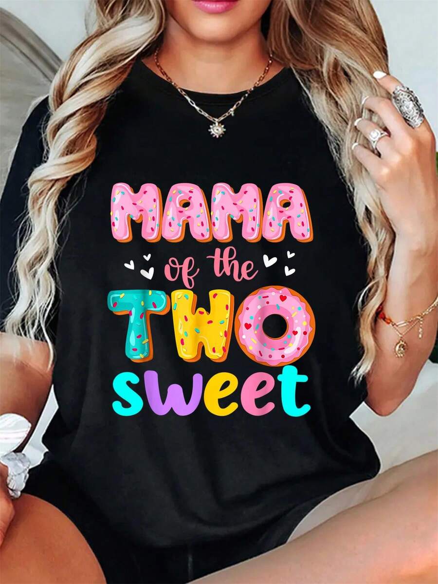 Camiseta de verano para niña con temática familiar de cumpleaños con donas dulces para el Día de la Madre, top informal de manga corta y cuello redondo para verano y primavera, ropa para mujer - Negro - Ver 1