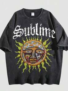 Retro Sun Face Skull Print, Men's T-Shirt, SUBLIM Band Style Free Theme Loose Short Sleeved Shirt Vintage Washed Cotton Short Sleeve T-Shirt Crew Neck Soft Casual Tee For Men Women - 黑色 01 - 查看 1