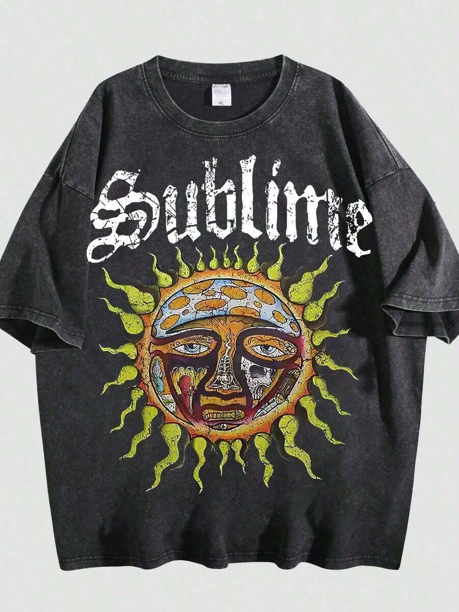 Retro Sun Face Skull Print, Men's T-Shirt, SUBLIM Band Style Free Theme Loose Short Sleeved Shirt Vintage Washed Cotton Short Sleeve T-Shirt Crew Neck Soft Casual Tee For Men Women - 黑色 01 - 查看 1
