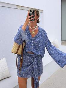 Bộ đồ nữ phong cách bohemian thường ngày thanh lịch gồm áo sơ mi cổ bẻ và chân váy midi thắt eo, thích hợp cho mùa xuân. - Màu xanh lam - Xem 2