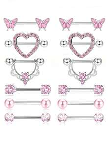 12件/套 铜锆石心形和蝴蝶形乳环，适合日常佩戴 - 一對乳環 - 查看 1