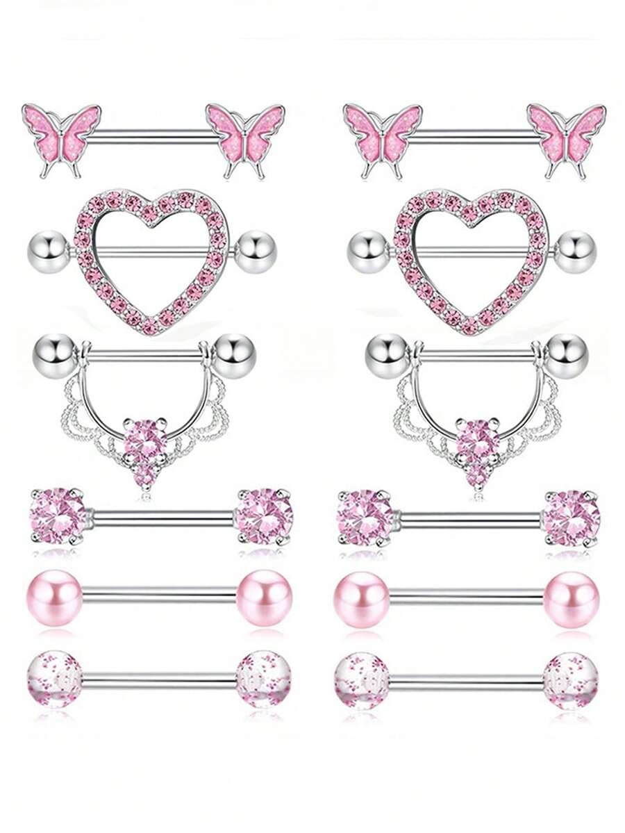 12件/套 铜锆石心形和蝴蝶形乳环，适合日常佩戴 - 一對乳環 - 查看 1