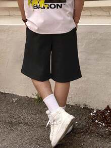 2 piezas Pantalones cortos tipo bermuda para niños preadolescentes, de un solo color, informal, para calle y uso diario, de estilo sencillo - Negro - Ver 6