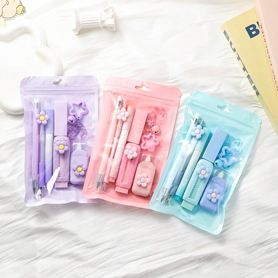 Seven-In-One Multifunctional Stationery Set – Available In Four Colors To Brighten Up Your Office Time, Includes A Retractable Eraser, Highlighter, Ballpoint Pen, And Other Tools, Making It The Ideal 7-Piece Stationery Set For Creative Individuals! - 粉紅色 - 查看 1