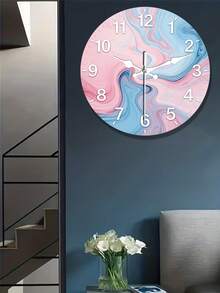 粉蓝渐变大理石纹圆形木质挂钟，黑色指针，白色表盘 - 机芯，粉蓝渐变，复合木框 - 现代优雅大钟，适用于客厅、卧室 - 报时，静音扫秒 - 彩色 - 查看 2