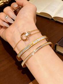 3件套奢华闪亮锆石不锈钢女士手链及手镯套装，包括罗马双环手链、贝壳手镯、全锆石手镯，可叠戴或单独佩戴，适合各种场合。 - 金色 - 查看 8