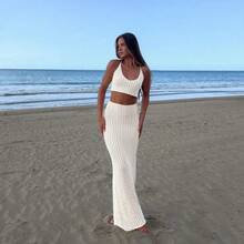 Vivid Style Women's Elegant Vacation, Party, Birthday, Versatile, Hollow Sexy, Fashion, Romantic Tie-Up Beach Knit Maxi Dress Set, Date Outfit, Summer Maxi Dress - Apricot - View 5
